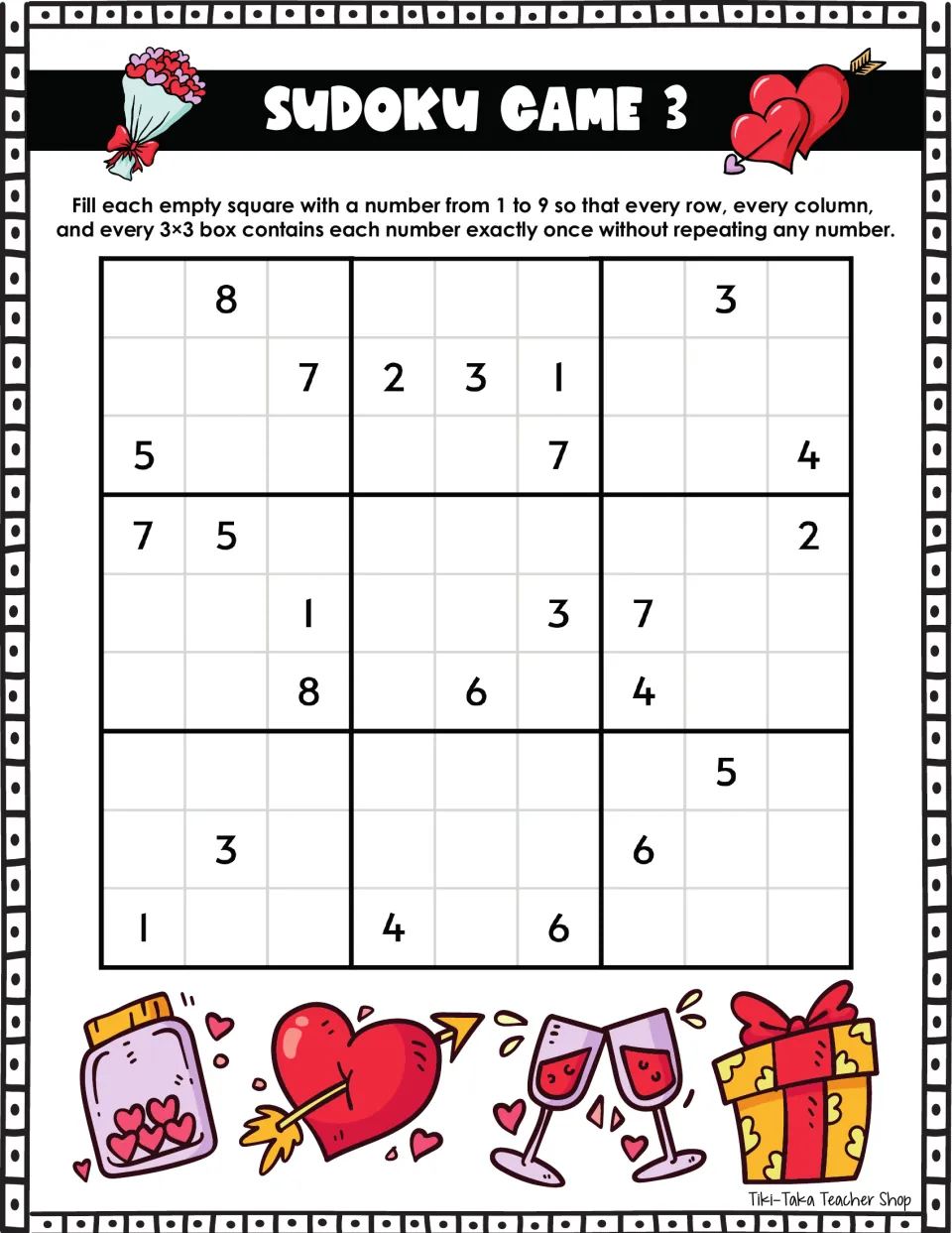 Sudoku Game 3: fill in numbers 1–9 without repeats; the second row has given numbers 7, 2, 3, and 1.