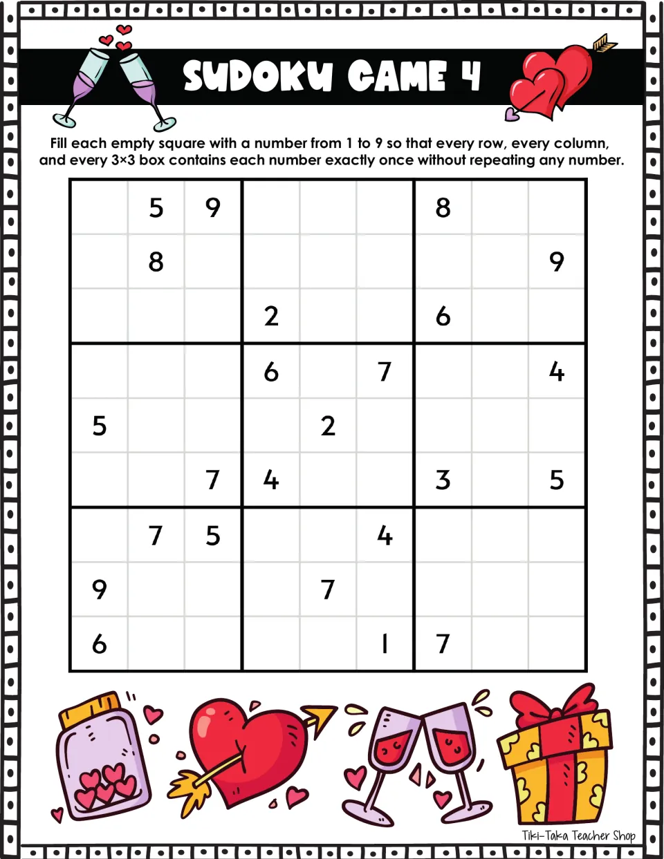 Sudoku Game 4: fill in numbers 1–9 without repeats; the first row includes the given numbers 5, 9, and 8.