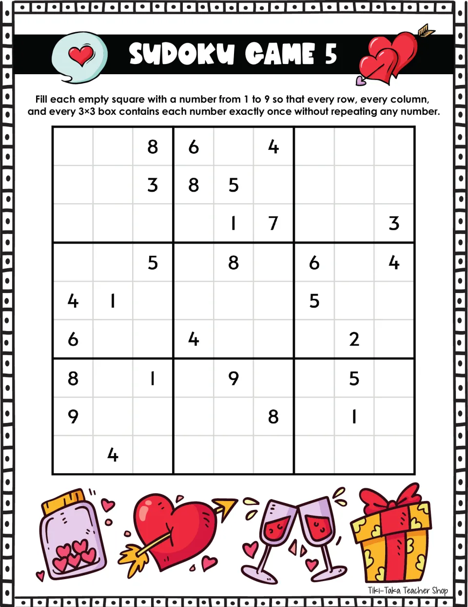 Sudoku Game 5: fill in numbers 1–9 without repeats; the first row includes the given numbers 8, 6, and 4.