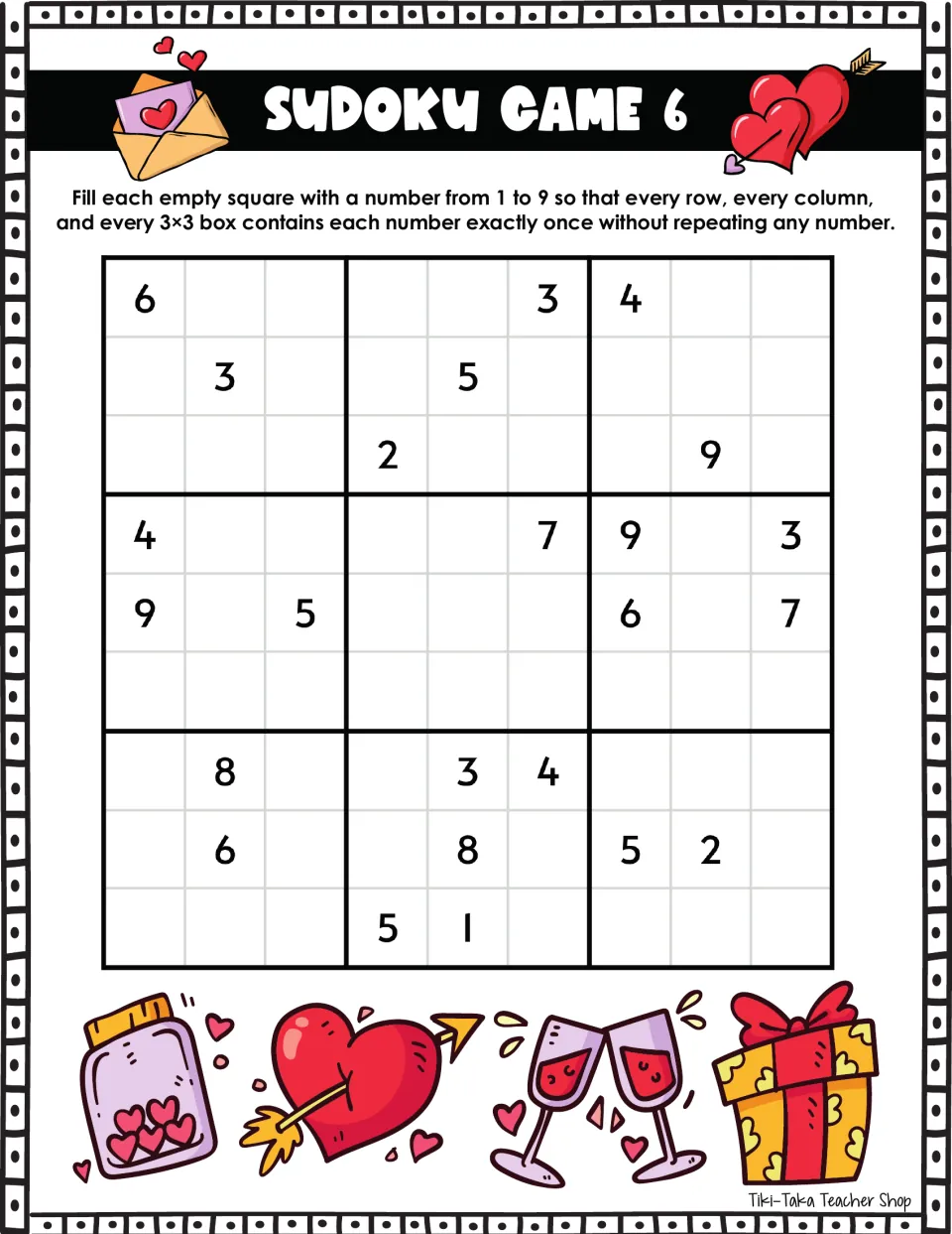 Sudoku Game 6: fill in numbers 1–9 without repeats; the first row includes the given numbers 6, 3, and 4.