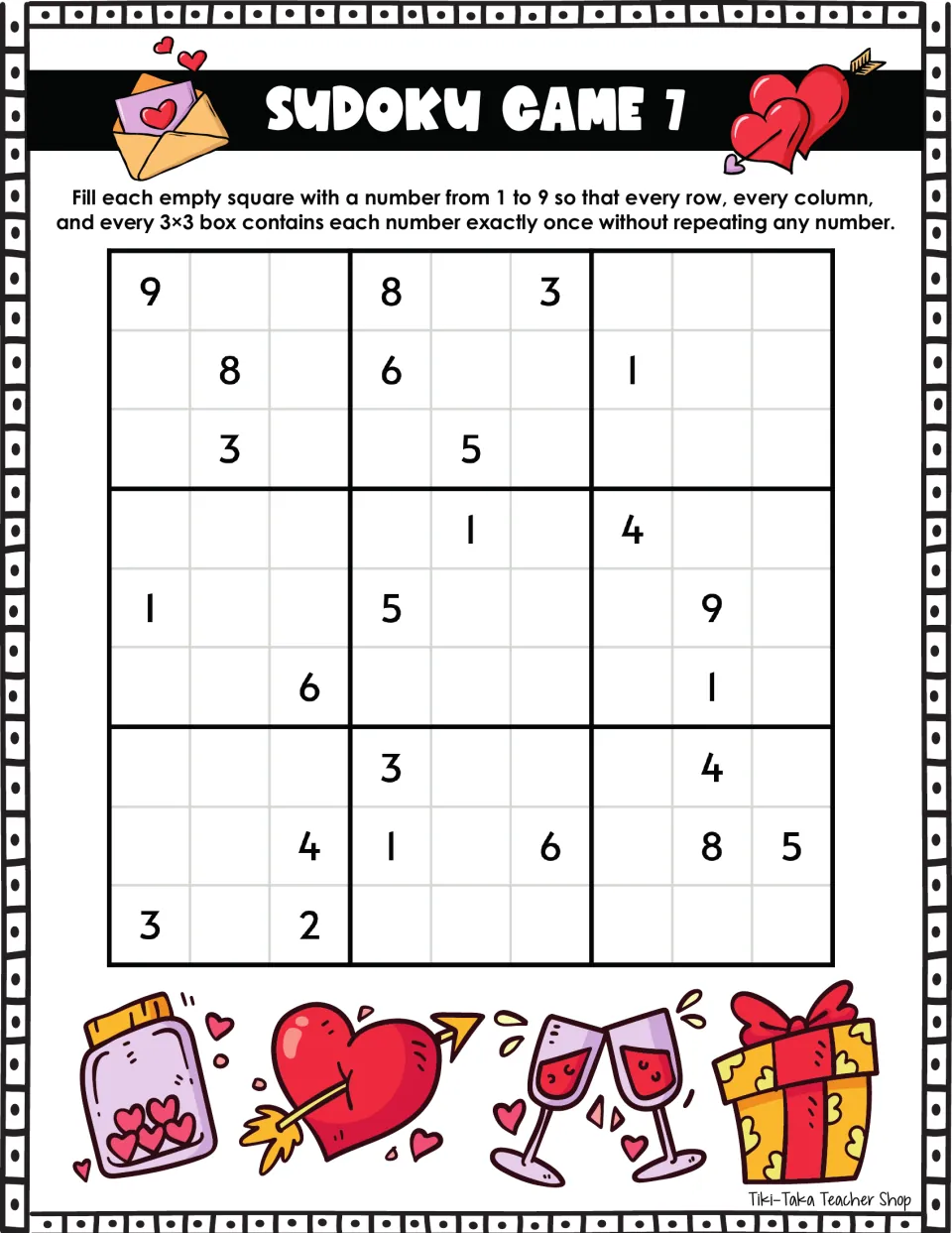 Sudoku Game 7: fill in numbers 1–9 without repeats; the first row includes the given numbers 9, 8, and 3.