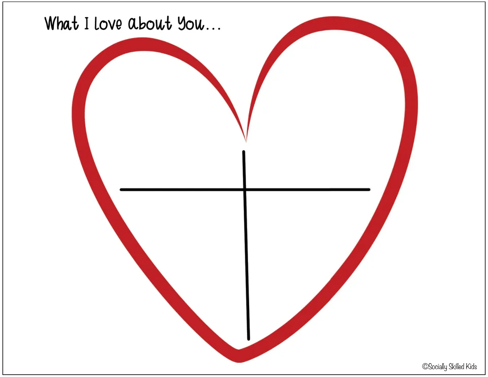 What I love about You: students fill a red heart with four written or drawn things they love about a special person