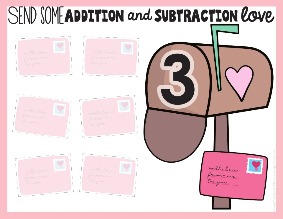 Sorting mat for the number 3: a mailbox labeled 3 with spaces for six letters whose facts have the answer 3