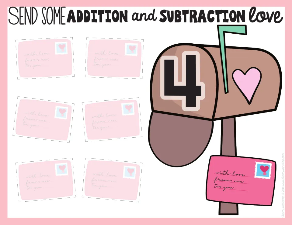 Mailbox mat for the number 4 with six spaces where students sort letters showing facts that make 4