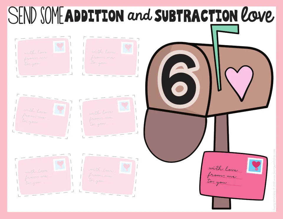 Number 6 mailbox mat with six letter spaces for sorting the addition and subtraction facts that equal 6