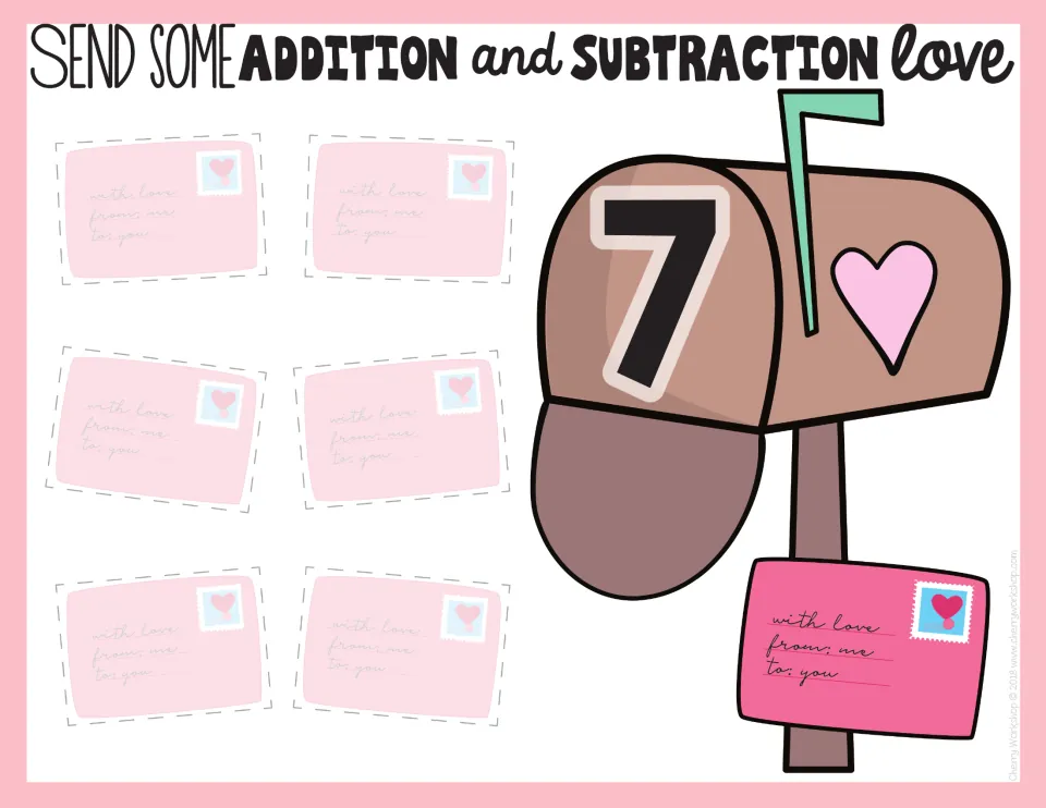 Sorting mat for the number 7: a mailbox labeled 7 with spaces for six letters whose facts have the answer 7