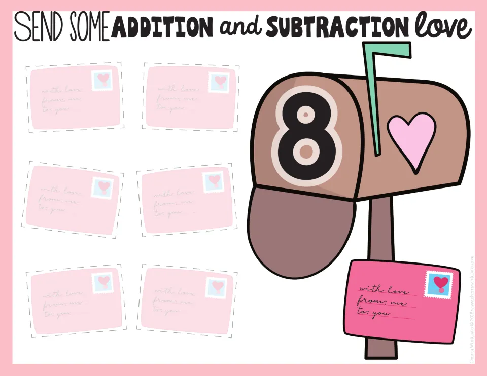 Mailbox mat for the number 8 with six spaces where students sort letters showing facts that make 8