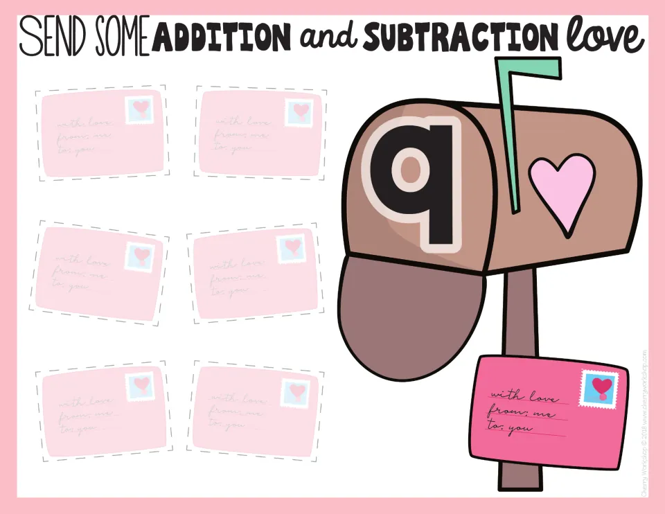 Sorting mat for the number 9: a mailbox labeled 9 beside six spaces for letters with facts equal to 9