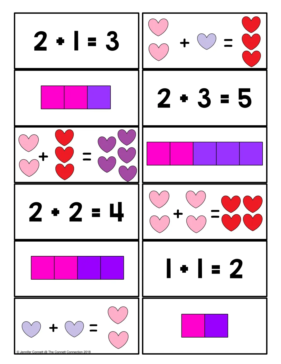 First 12 addition matching cards: 2 + 1, 2 + 3, 2 + 2, and 1 + 1 shown as equations, hearts, and squares