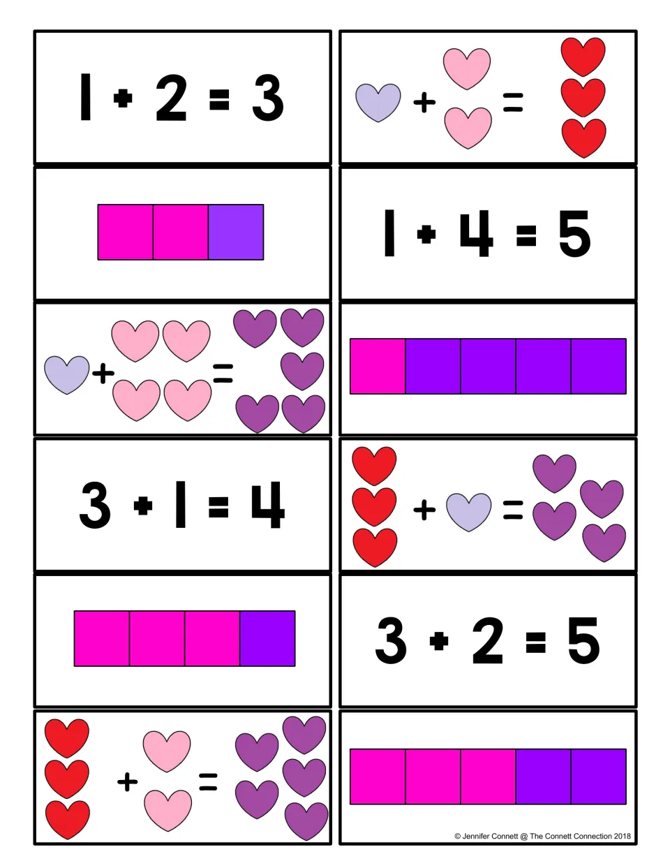 Second 12 addition matching cards: 1 + 2, 1 + 4, 3 + 1, and 3 + 2 with equations, hearts, and square models