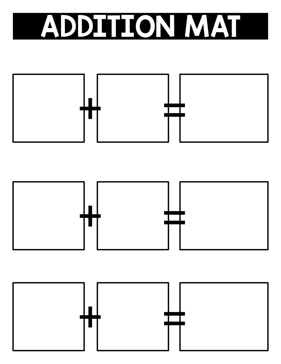 Addition mat with three blank number sentences, each using a plus sign and an equals sign to model sums