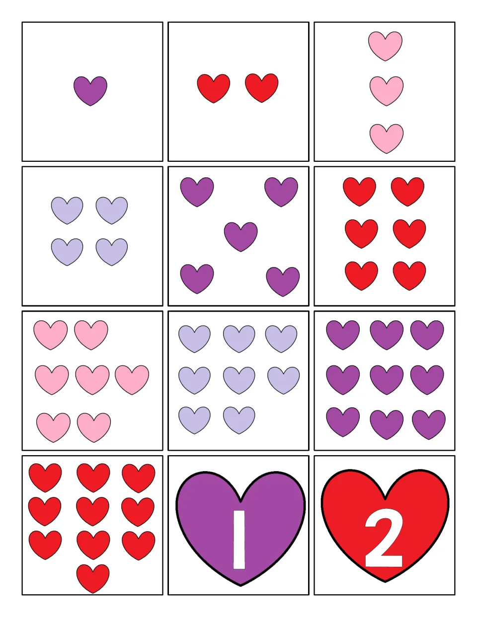 First sheet of 12 addition support cards: heart quantities from 1 through 10 and heart numerals 1 and 2