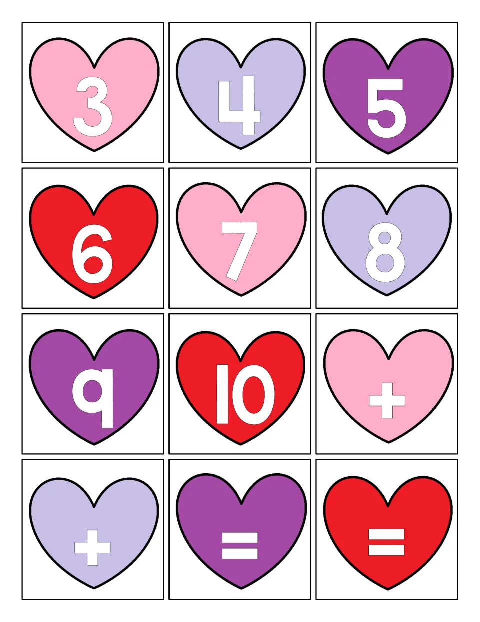 Second sheet of 12 addition support cards: heart numerals 3 through 10, two plus signs, and two equals signs