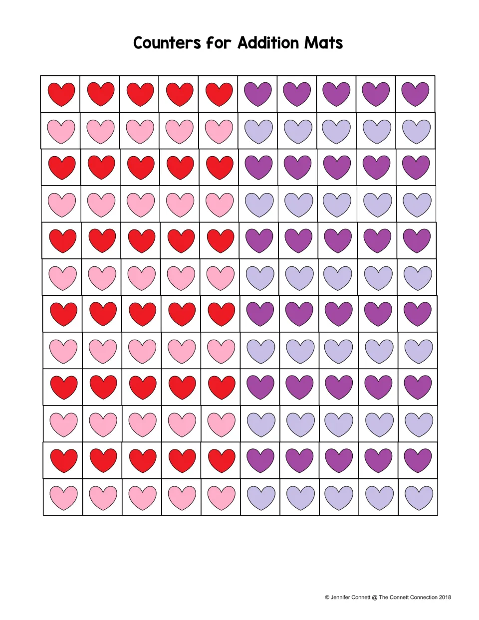 Counters for Addition Mats sheet containing 120 cut-apart hearts in red, pink, purple, and light purple