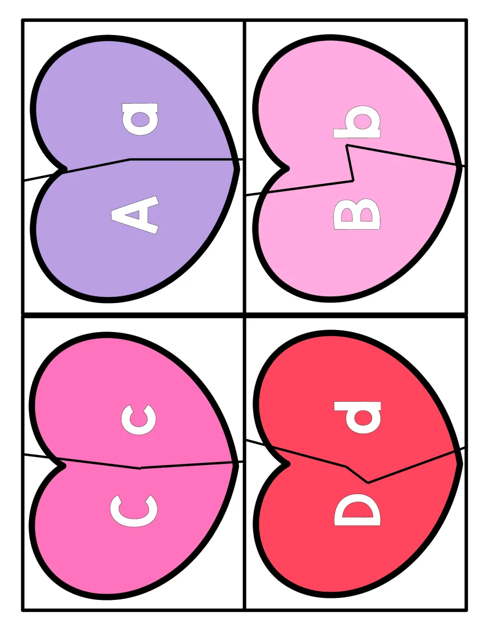 Alphabet heart puzzles 1–4: uppercase and lowercase pairs A/a, B/b, C/c, and D/d for matching letter halves.