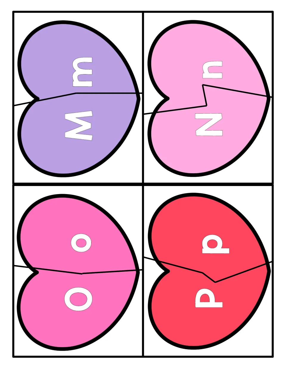 Alphabet heart puzzles 13–16: uppercase and lowercase pairs M/m, N/n, O/o, and P/p for matching letter halves.