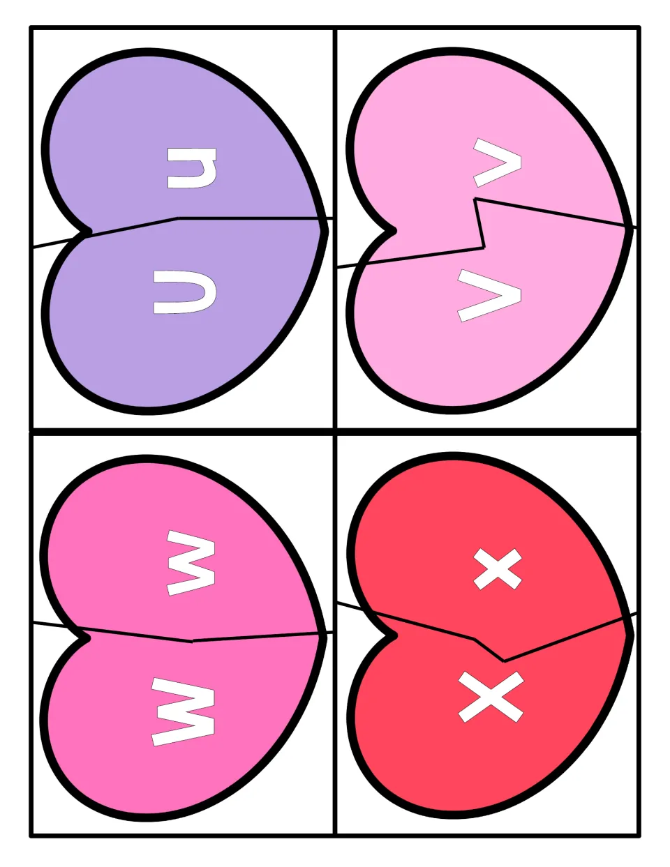 Alphabet heart puzzles 21–24: uppercase and lowercase pairs U/u, V/v, W/w, and X/x for matching letter halves.