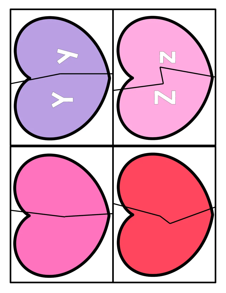 Alphabet heart puzzles 25–26: uppercase and lowercase pairs Y/y and Z/z, plus two blank two-piece hearts.