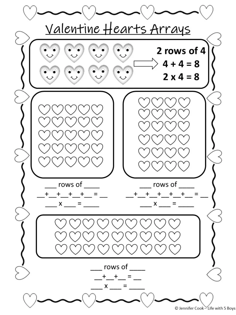 Array worksheet 1: a worked 2 × 4 example and heart arrays showing 5 rows of 5, 6 rows of 4, and 3 rows of 9