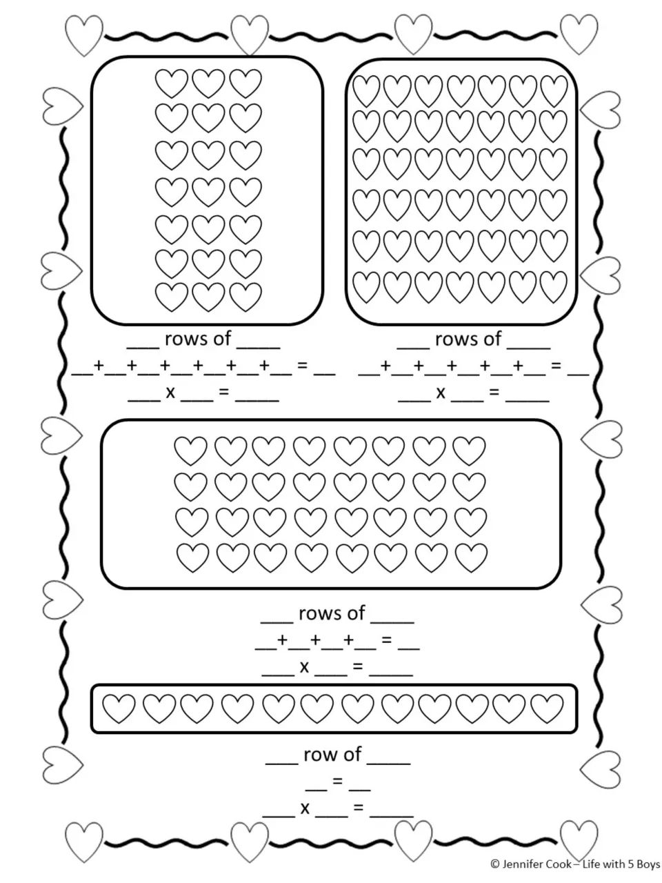 Array worksheet 2: heart arrays showing 7 rows of 3, 6 rows of 7, 4 rows of 8, and 1 row of 12