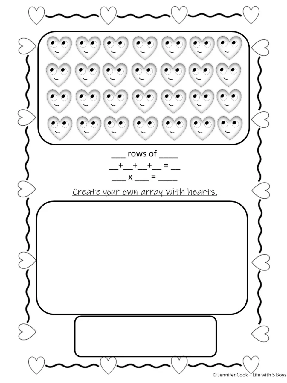 Array worksheet 3: 4 rows of 7 hearts, addition and multiplication prompts, and a create-your-own array task