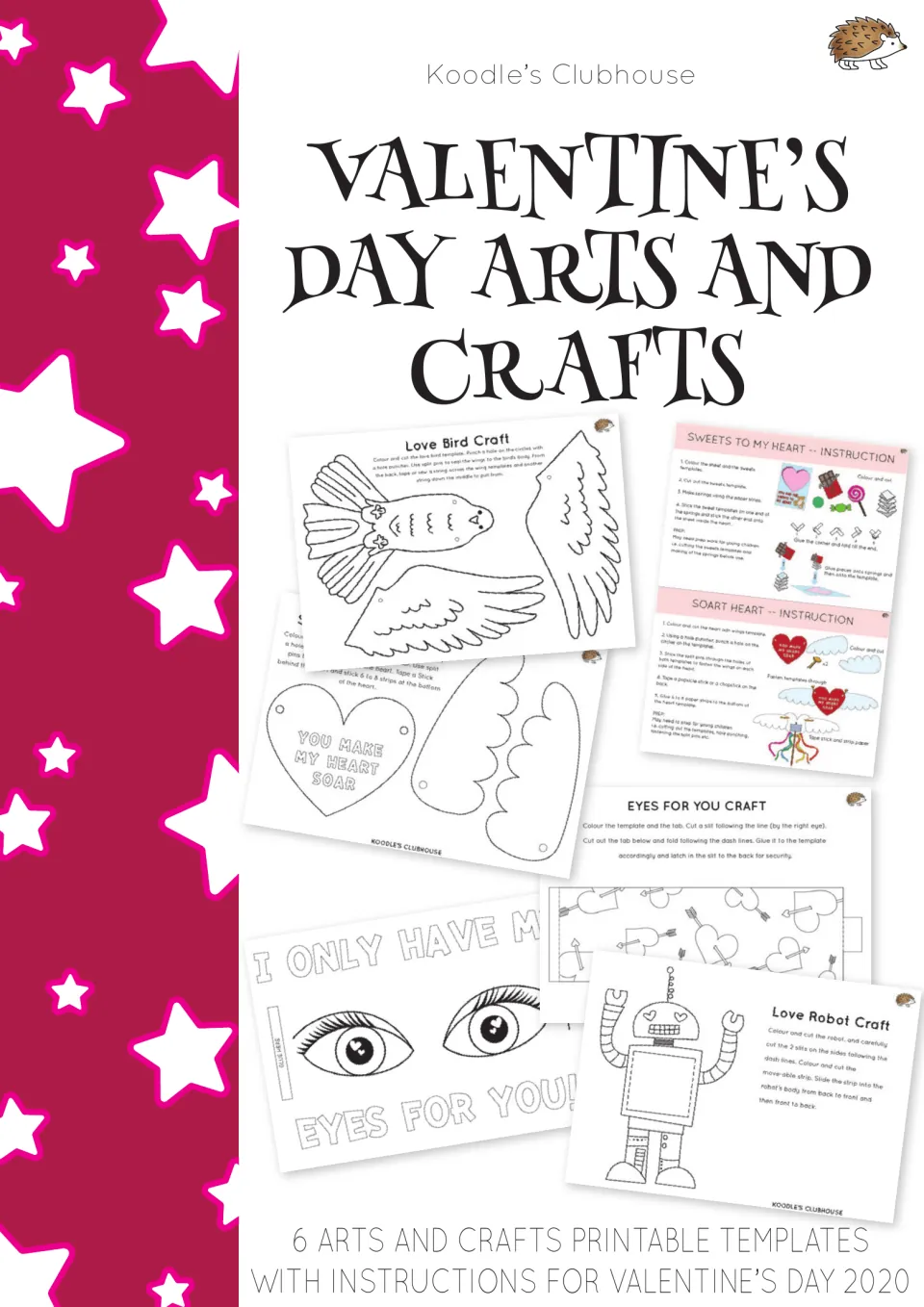 Valentine's Day Arts and Crafts cover: 6 printable craft templates with instructions, shown with love bird and robot crafts