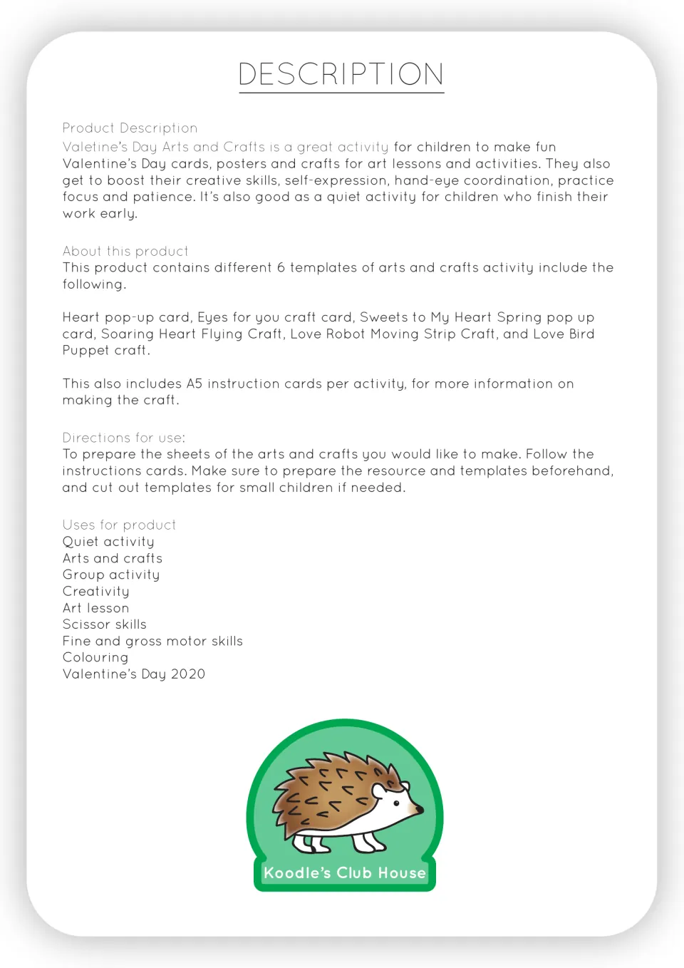 Product description listing the six crafts, A5 instruction cards, prep directions and uses such as scissor skills