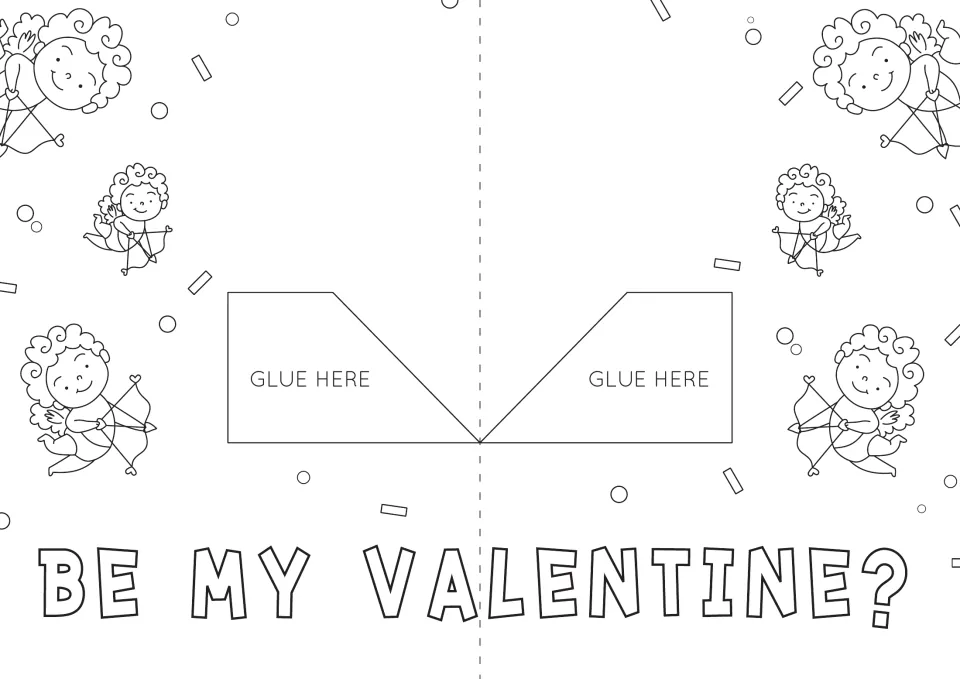 Be My Valentine? card base: students color the cupids and glue the pop-up heart onto the two Glue Here tabs at the fold