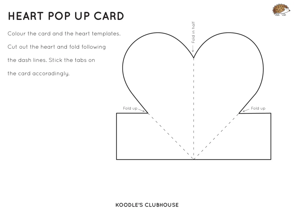 Heart pop-up card: students color and cut out the heart, fold on the dashed lines and stick its tabs onto the card base