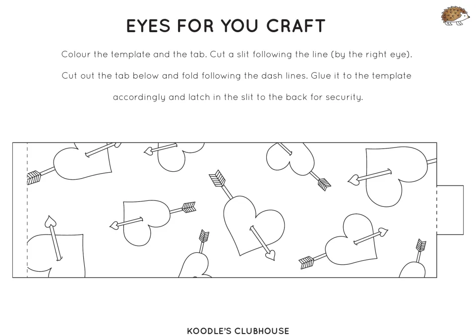 Eyes for You craft: students color and cut the heart-and-arrow strip, fold the tab and latch it through the slit on the card