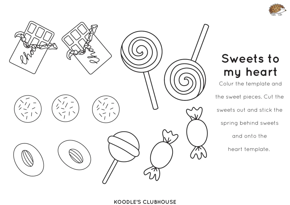 Sweets to my heart pieces: students color and cut out chocolate bars, lollipops, cookies and wrapped candies to attach