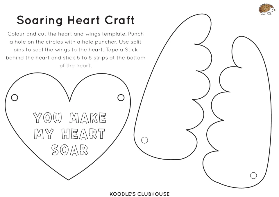 Soaring Heart craft: students color and cut a You Make My Heart Soar heart and two wings, then join them with split pins