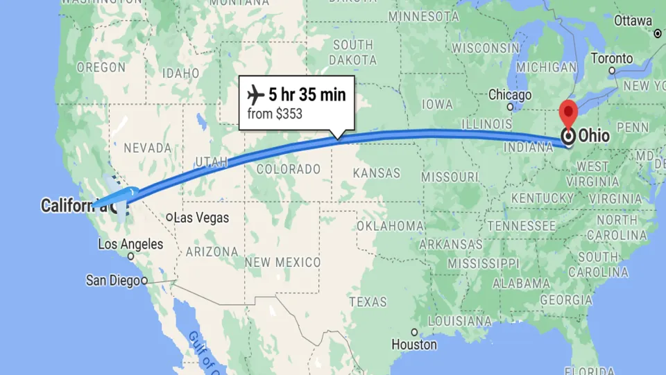 Travel map for the virtual bakery trip shows a flight from California to Ohio labeled 5 hr 35 min, from $353
