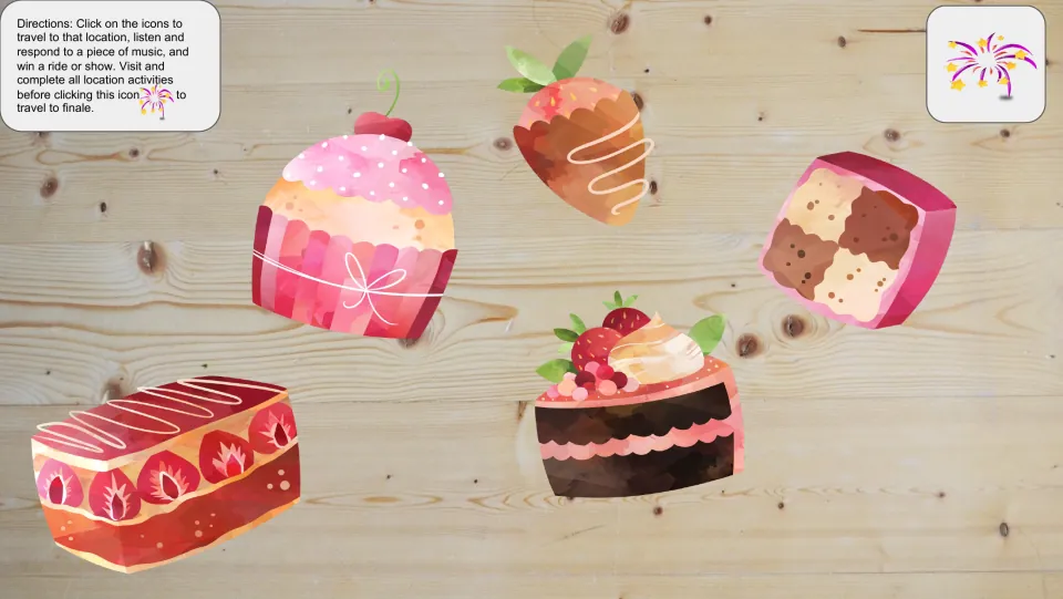 Bakery navigation map has five treat icons linking to locations, music responses, and activities before the finale
