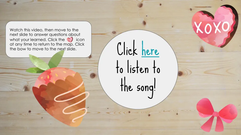 Strawberry stop listening slide links to a song and directs students to the next slide to answer questions