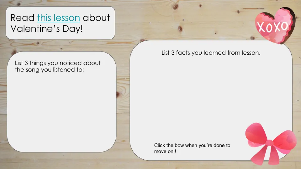 Strawberry stop response slide asks for three song observations and three facts from a Valentine's Day lesson