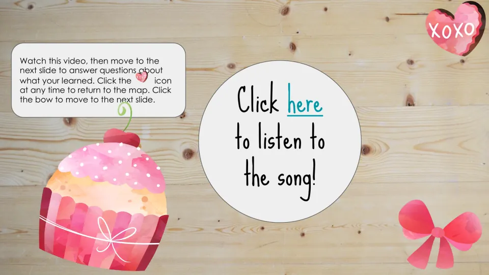 Cupcake stop listening slide links to a song and directs students to answer questions on the next slide