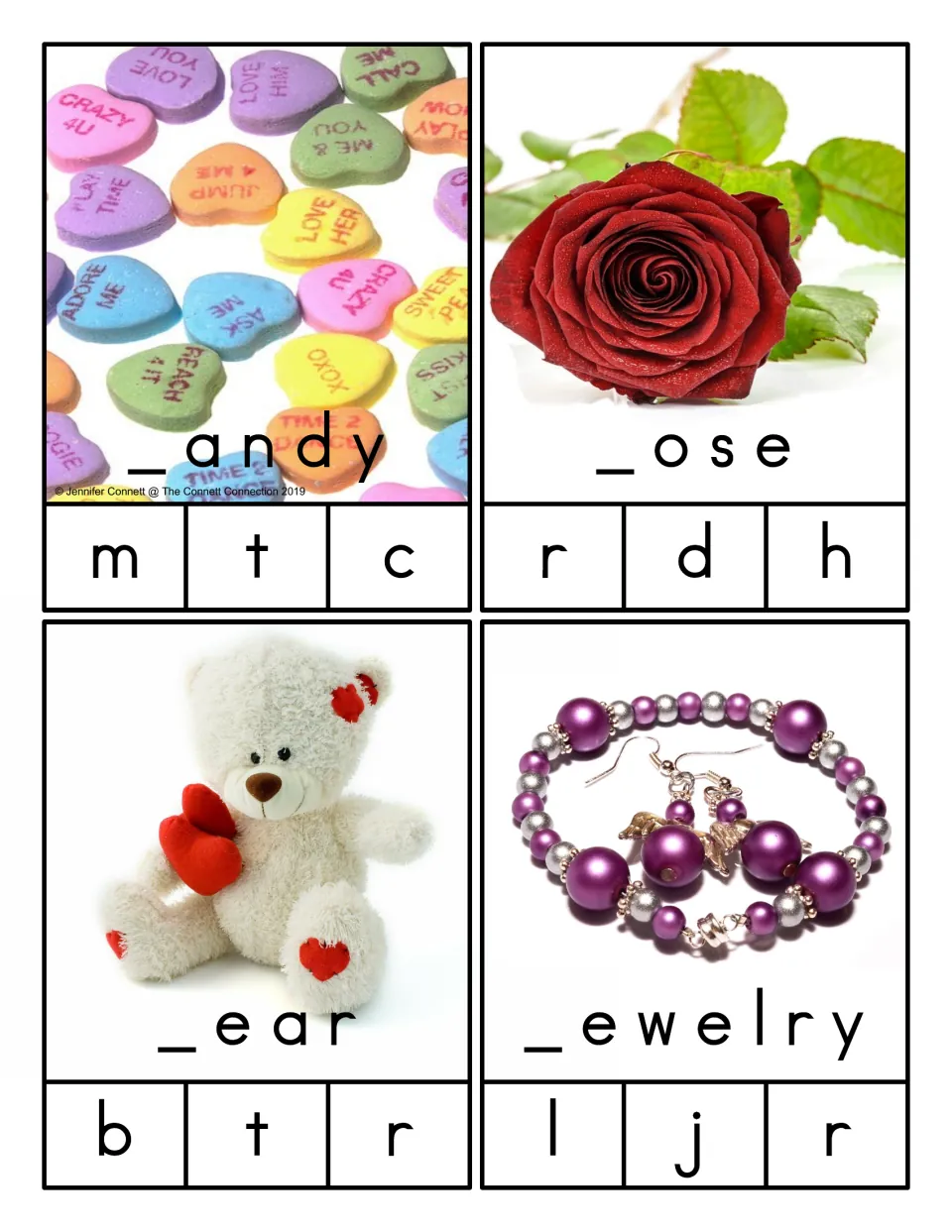 Beginning-sound clip cards for candy, rose, bear, and jewelry, with missing first letters and three choices