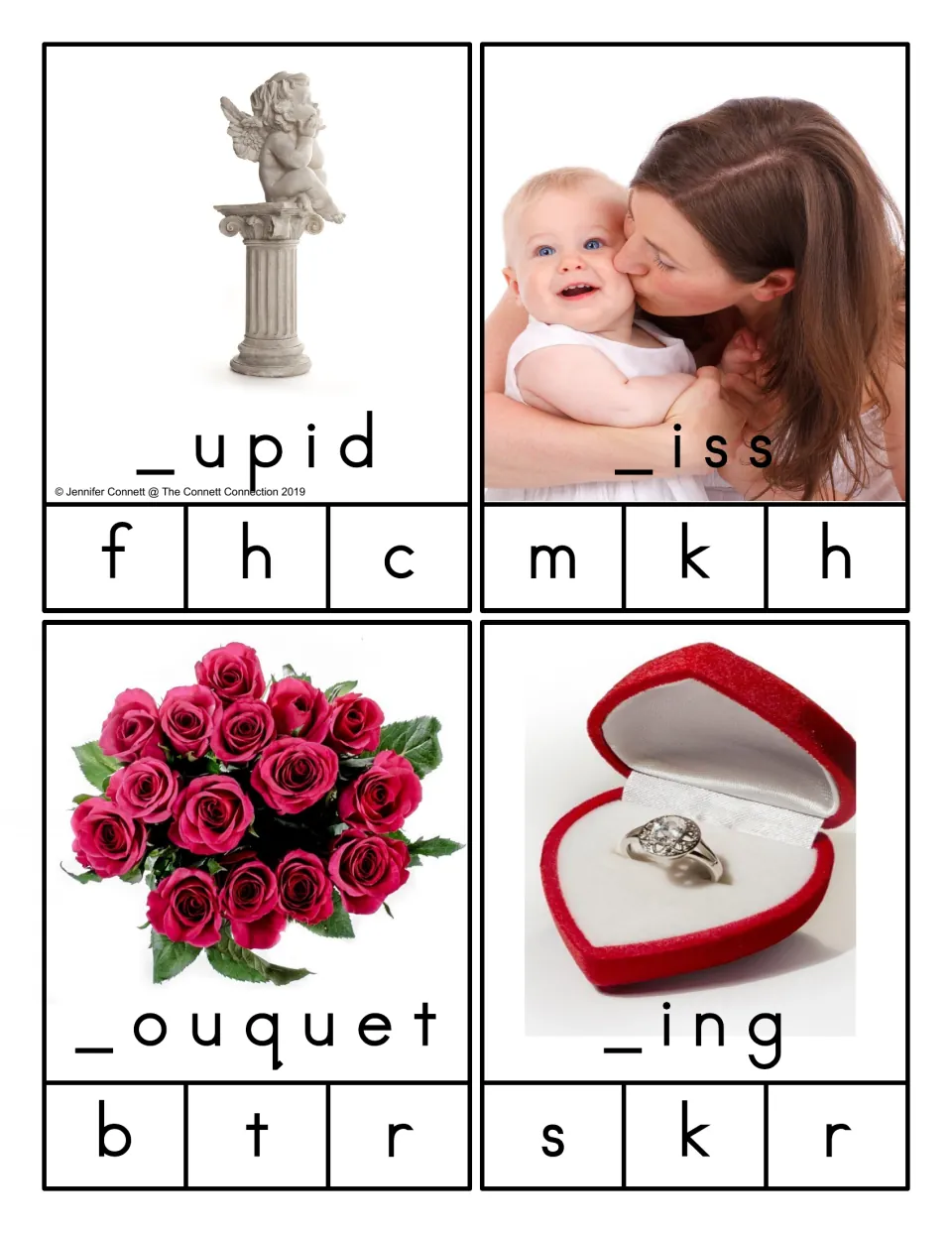 Beginning-sound clip cards for Cupid, kiss, bouquet, and ring, with missing first letters and three choices