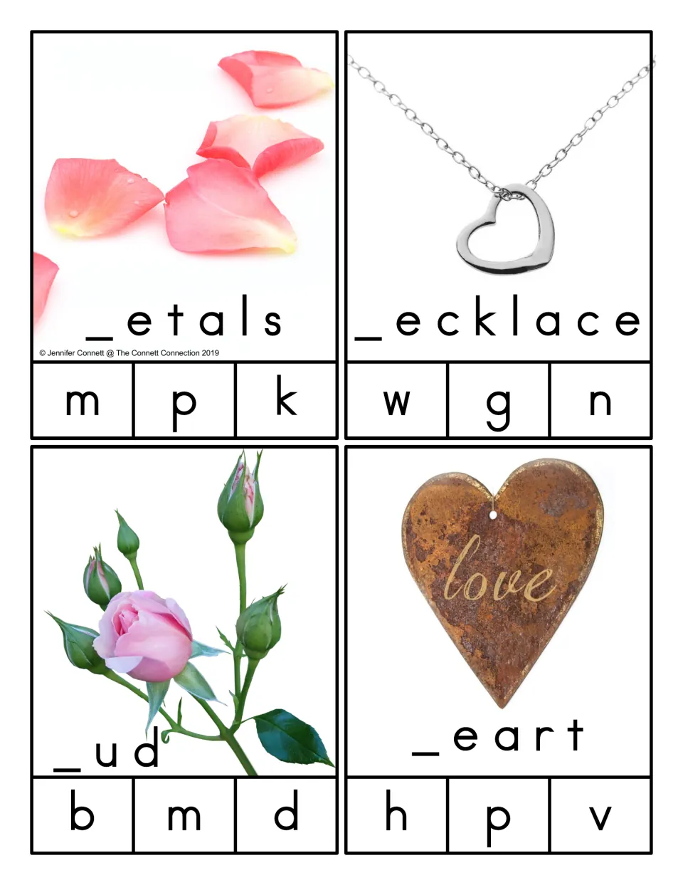 Beginning-sound clip cards for petals, necklace, bud, and heart, with missing first letters to identify