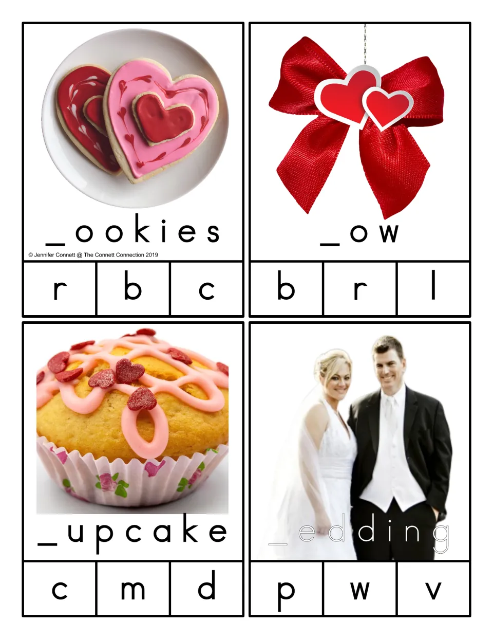 Beginning-sound clip cards for cookies, bow, cupcake, and wedding, with missing first letters to identify
