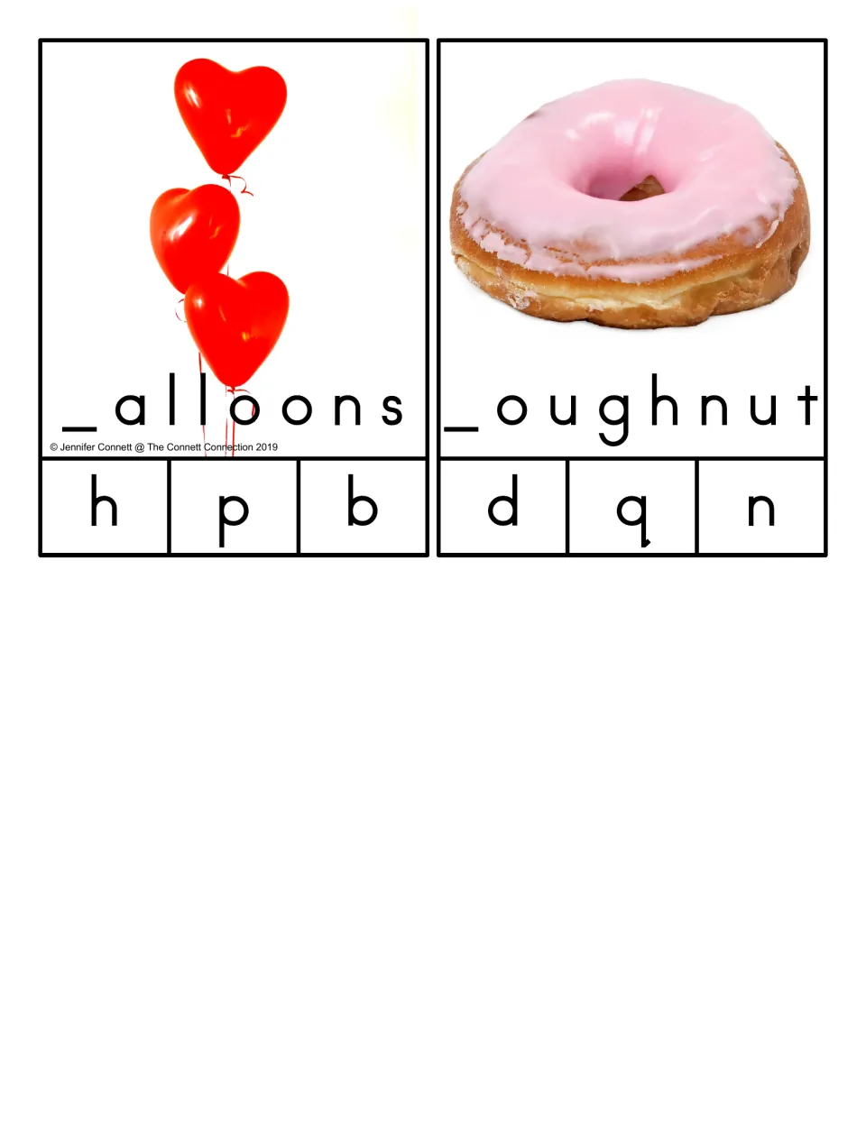 Beginning-sound clip cards for balloons and doughnut, with missing first letters and three letter choices