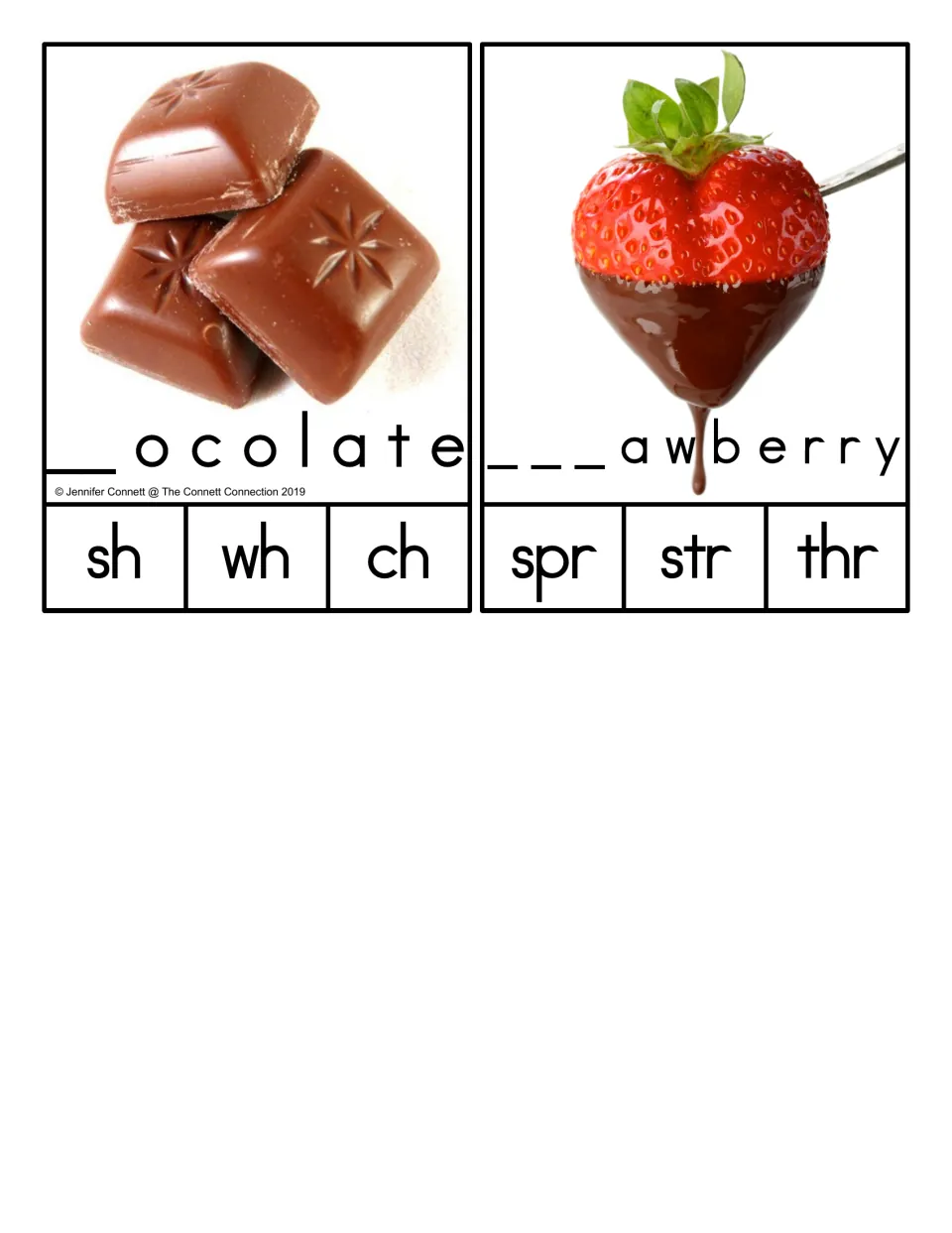 Chocolate and strawberry clip cards with missing beginnings and choices sh/wh/ch and spr/str/thr