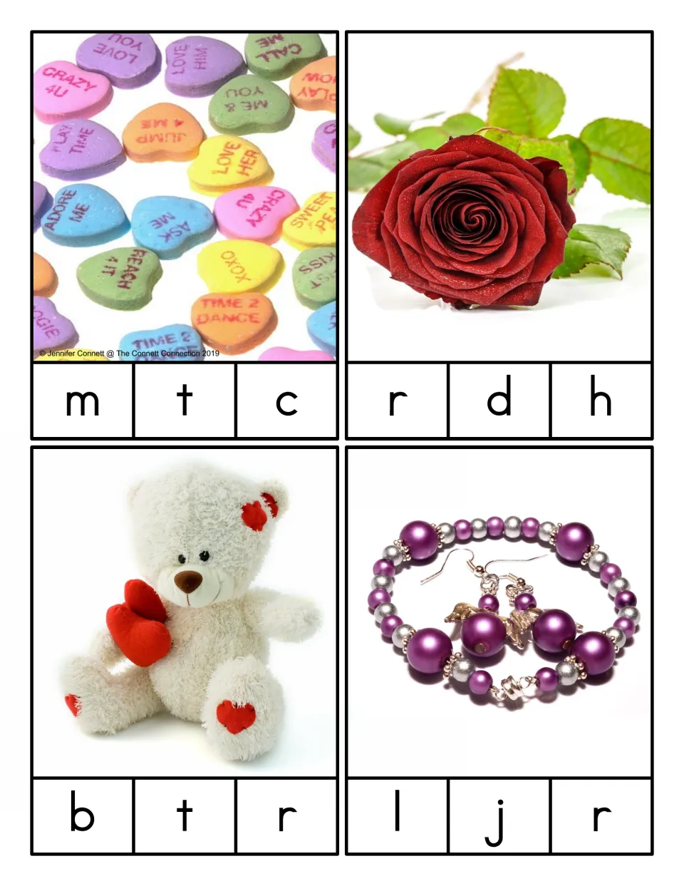 Picture-only beginning-sound clip cards for candy, rose, bear, and jewelry, with three letter choices each