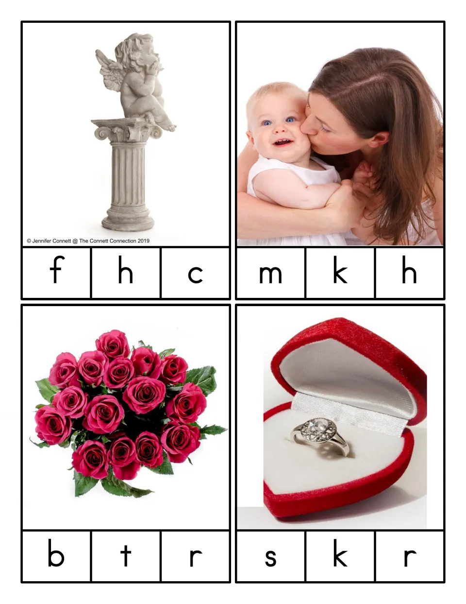Picture-only beginning-sound clip cards for Cupid, kiss, bouquet, and ring, with three letter choices each