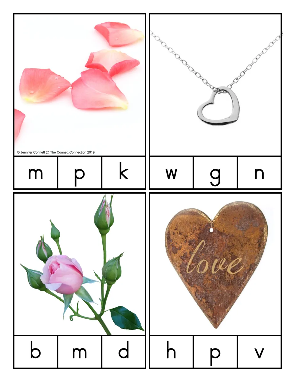 Picture-only beginning-sound clip cards for petals, necklace, bud, and heart, with three letter choices