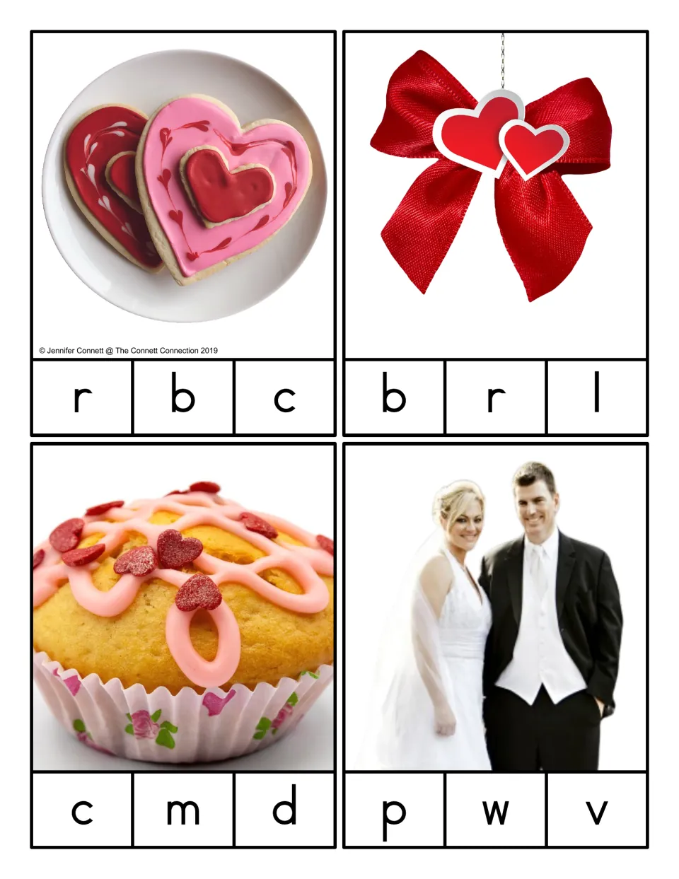 Picture-only beginning-sound clip cards for cookies, bow, cupcake, and wedding, with three letter choices