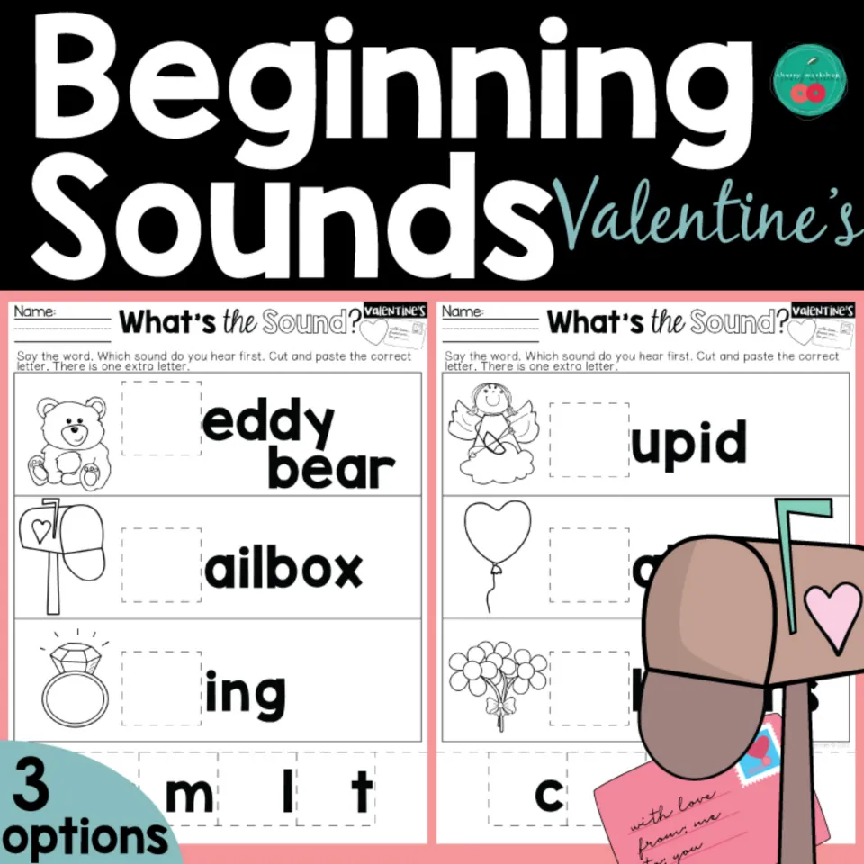 Beginning-sounds resource cover showing Valentine's Day cut-and-paste samples and a '3 options' label