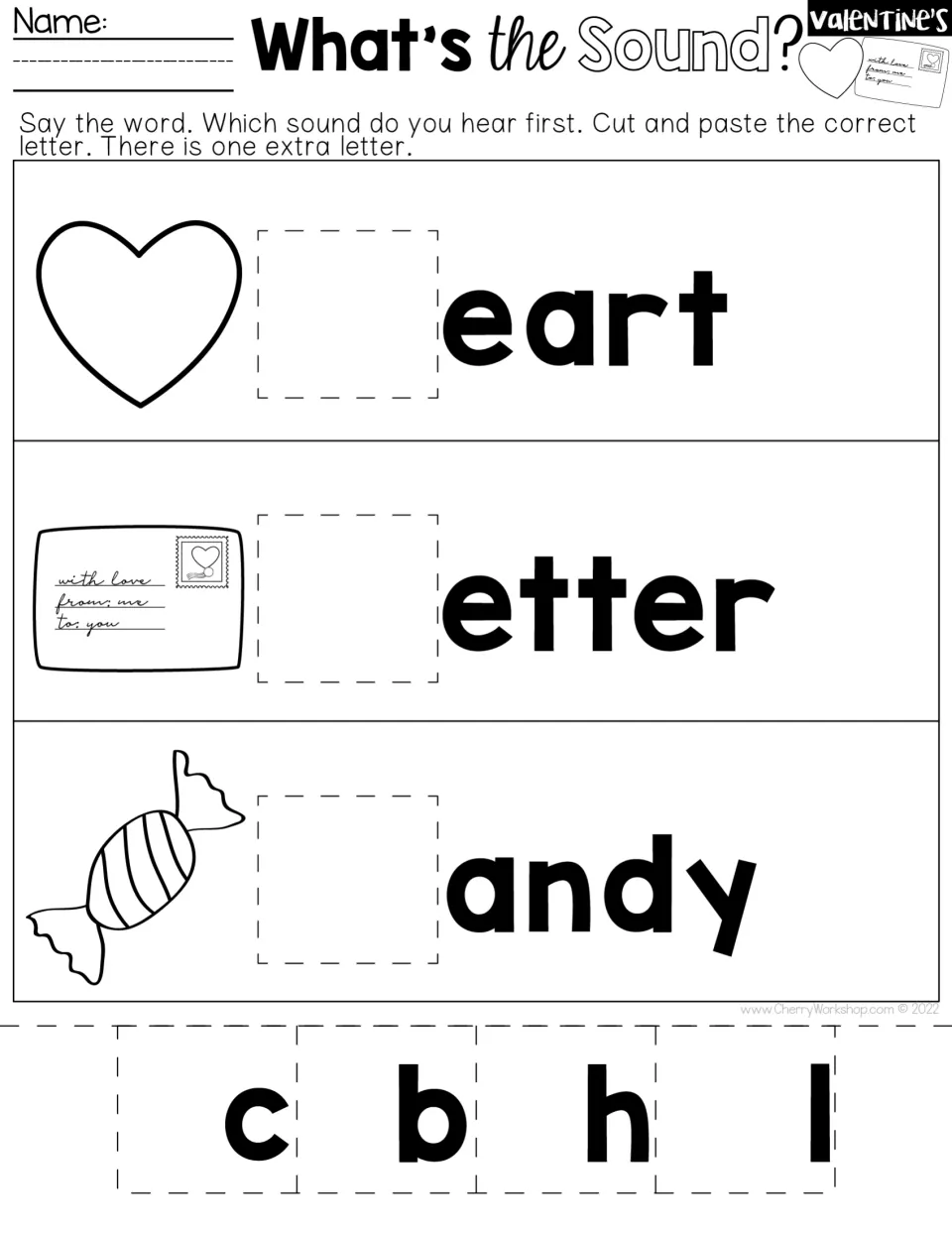 Cut-and-paste beginning-sounds practice for heart, letter and candy, choosing from the letters c, b, h and l