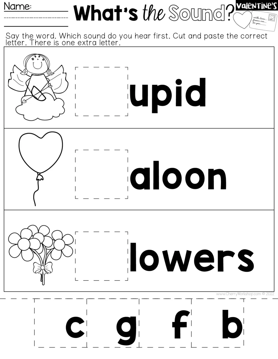 Cut-and-paste beginning-sounds practice for Cupid, balloon and flowers, choosing the missing first letters